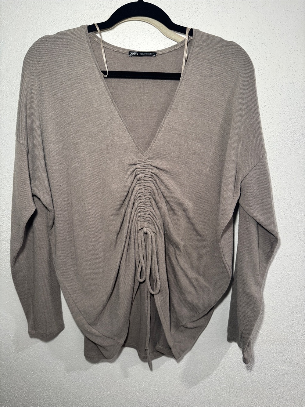 Zara Taupe Ruched Drawstring V-Neck Sweater